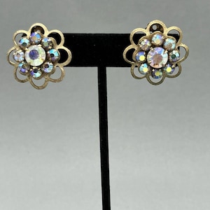 Vintage Floral Clip On Earrings, AB Rhinestone Gold Tone Openwork, Petal Flower Design Costume Jewelry, Vintage Jewelry Gift for Her