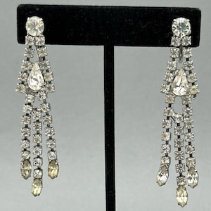 Vintage Silver Tone Rhinestone Dangle Clip On Earrings, Teardrop Crystal Retro Statement Jewelry, Sparkly Bridal Earrings, Gift for Her