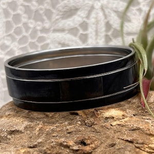 Vintage Black Shell Inlay Bangle Set Silver Tone Stackable Bracelets Set of 3
