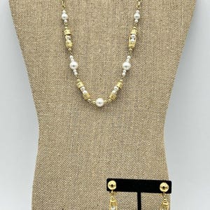 Vintage Gold Tone Faux Pearl Necklace & Clip-On Earrings Set