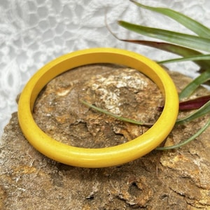 May include: A round, yellow bangle bracelet. The bracelet is a solid, smooth band of yellow material. The bracelet is resting on a textured, brown rock. Green plant leaves are visible in the background.