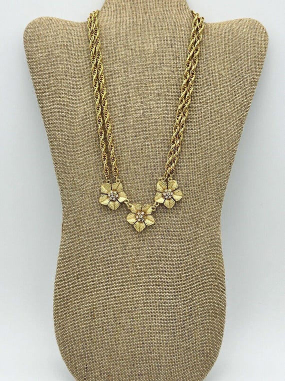 Vintage Stauer Gold Tone Double Rope Chain Necklace, Rhinestone 
