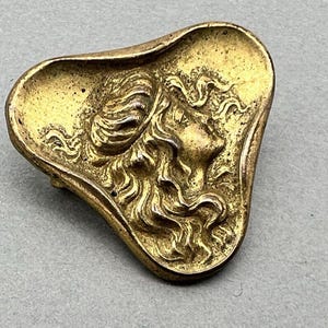 Small Vintage Art Nouveau Style Gold Tone Triangle Pin Brooch, Embossed Raised Relief Woman’s Face and Flowing Hair, Vintage Jewelry Gift