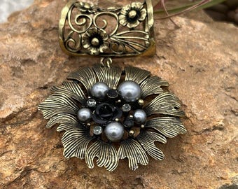 Vintage Goldette GB Floral Scarf Clip Large Flower Scarf Slide Antique Gold Tone