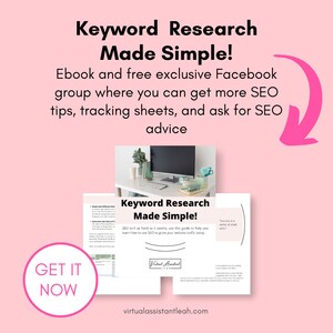 Puede incluir: Un gr&aacute;fico rosa y blanco con el texto "Keyword Research Made Simple!" y una llamada a la acci&oacute;n para "Get It Now". El gr&aacute;fico tambi&eacute;n incluye una captura de pantalla de un libro electr&oacute;nico digital con el mismo t&iacute;tulo y una direcci&oacute;n de sitio web: virtualassistantleah.com.