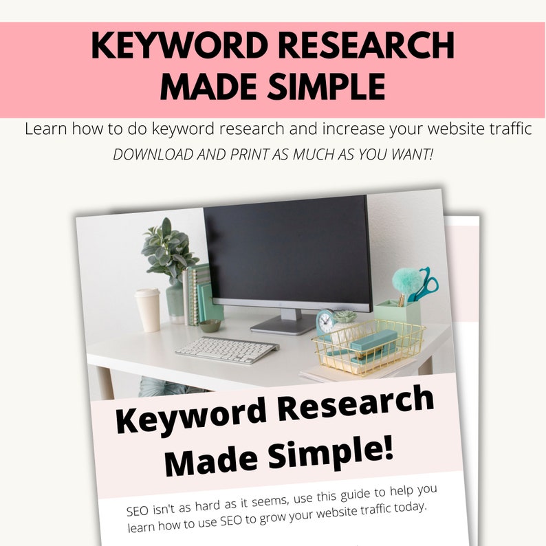 Puede incluir: Un escritorio blanco con una computadora, un teclado, una taza de caf&eacute;, una planta en maceta y una cesta de alambre dorada con art&iacute;culos de oficina. El texto en la pantalla dice "Keyword Research Made Simple!" y el texto debajo de la imagen dice "SEO no es tan dif&iacute;cil como parece, usa esta gu&iacute;a para ayudarte a aprender a usar SEO para aumentar el tr&aacute;fico de tu sitio web hoy."