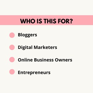 Puede incluir: Un banner rosa con el texto "&iquest;PARA QUI&Eacute;N ES ESTO?" y una lista de cuatro p&uacute;blicos objetivo: Blogueros, mercad&oacute;logos digitales, propietarios de negocios en l&iacute;nea y empresarios.