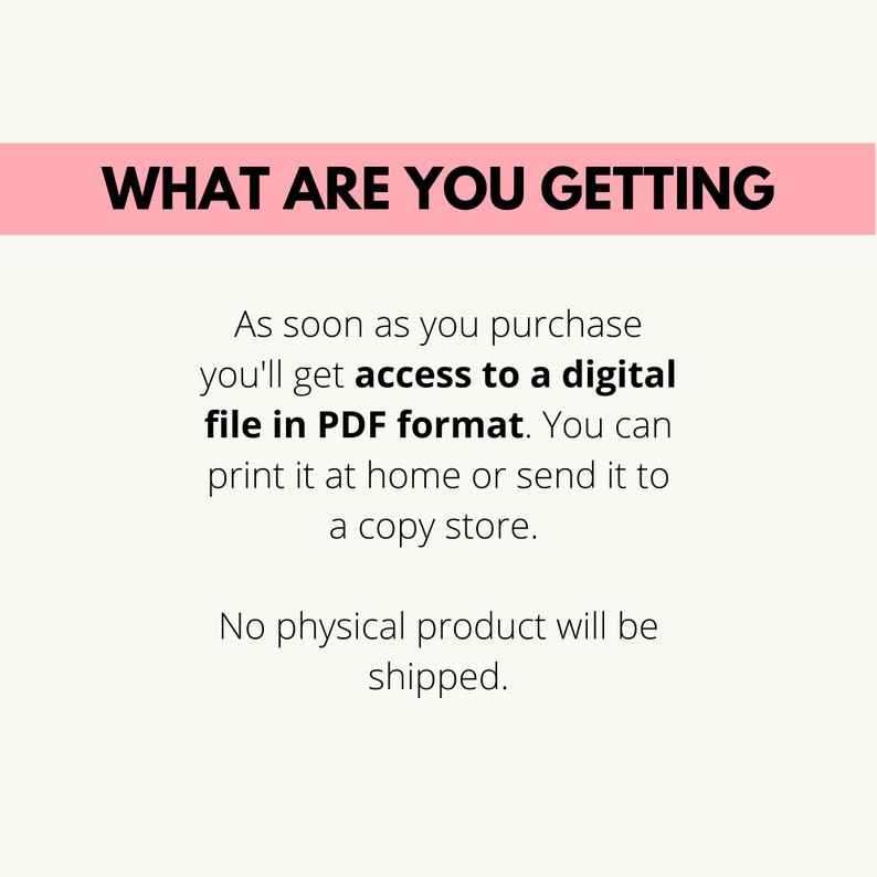 Puede incluir: Texto sobre un fondo rosa que dice "WHAT ARE YOU GETTING". Debajo del texto hay una descripci&oacute;n que dice "Tan pronto como compre, obtendr&aacute; acceso a un archivo digital en formato PDF. Puede imprimirlo en casa o enviarlo a una copister&iacute;a. No se enviar&aacute; ning&uacute;n producto f&iacute;sico."
