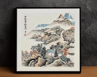 Paysage de peinture chinoise traditionnelle, peinture à l'eau chinoise peinte à la main originale, art mural d'arbre de collines d'aquarelle de style asiatique, 15 × 15"