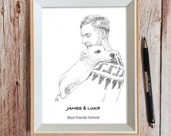 Custom Portrait with Pet - Hand Drawn Line Drawing from Photo - Unique Personalized Gift for Dog or Cat Lovers - Pet Gift for Him or Her