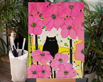 Paint by Numbers for Adults, Cat Paint by Number Kit, Diy Crafts Kit, Pink Flower Cat Color by Number, Arcylic Painting on Canvas