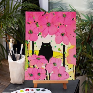 Paint by Numbers for Adults, Cat Paint by Number Kit, Diy Crafts Kit, Pink Flower Cat Color by Number, Arcylic Painting on Canvas