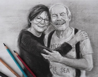 Portrait de couple personnalisé, portrait au fusain dessiné à la main, dessin d'après photo, commande de croquis, cadeau unique personnalisé pour couple