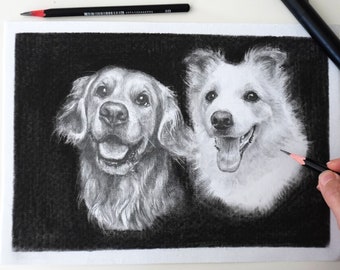 Portrait d’animal de compagnie personnalisé, dessin à partir d’une photo, crayon au fusain dessiné à la main, commande d’art de croquis, cadeau commémoratif personnalisé pour chien / chat pour lui