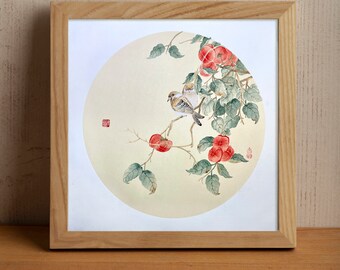Traditional Chinese Painting, Hand Painted Original Chinese Watercolor Birds and Persimmon Painting, Asian Wall Art, Oriental Decor