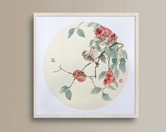 Chinese Painting Persimmon and Birds, Original Hand painted Chinese Water Ink Painting, Asian Style Wall Art for Indie Room Decor