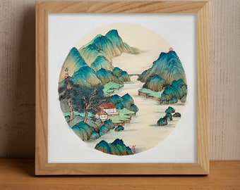 Chinese Painting, Traditional Chinese Watercolor Painting Landscape, Original Oriental Nature Wall Art, Asian Wall Decor, 15x15 Inches