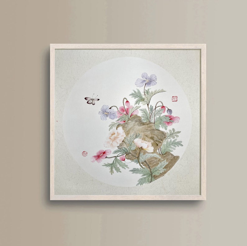 Chinese Painting Flowers, Hand painted Chinese Water Ink Wall Art, Flowers and Butterfly Watercolor Artwork, Asian Style Home Wall Decor image 5