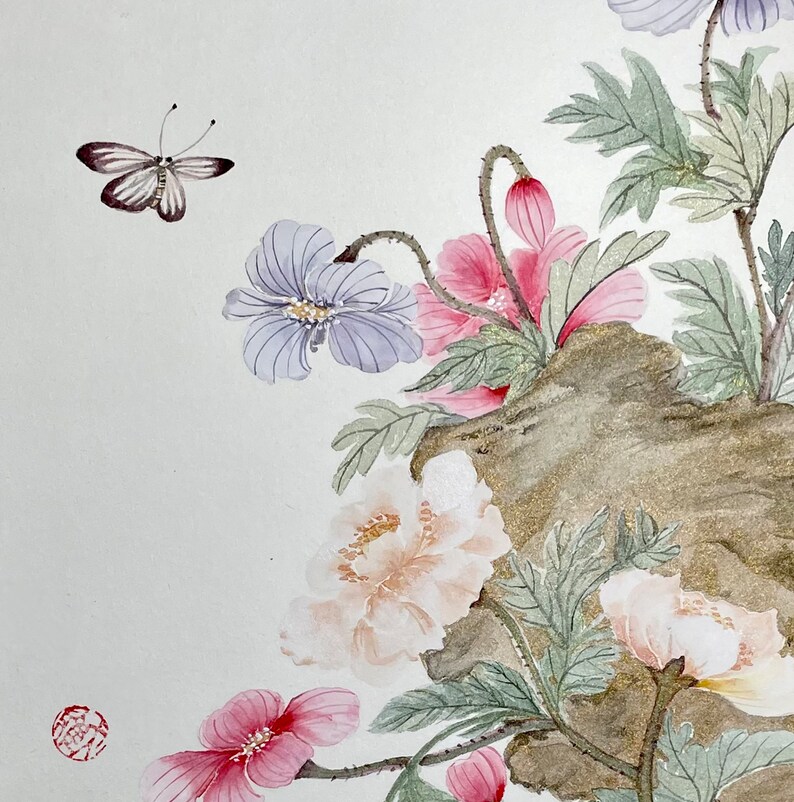 Chinese Painting Flowers, Hand painted Chinese Water Ink Wall Art, Flowers and Butterfly Watercolor Artwork, Asian Style Home Wall Decor image 3