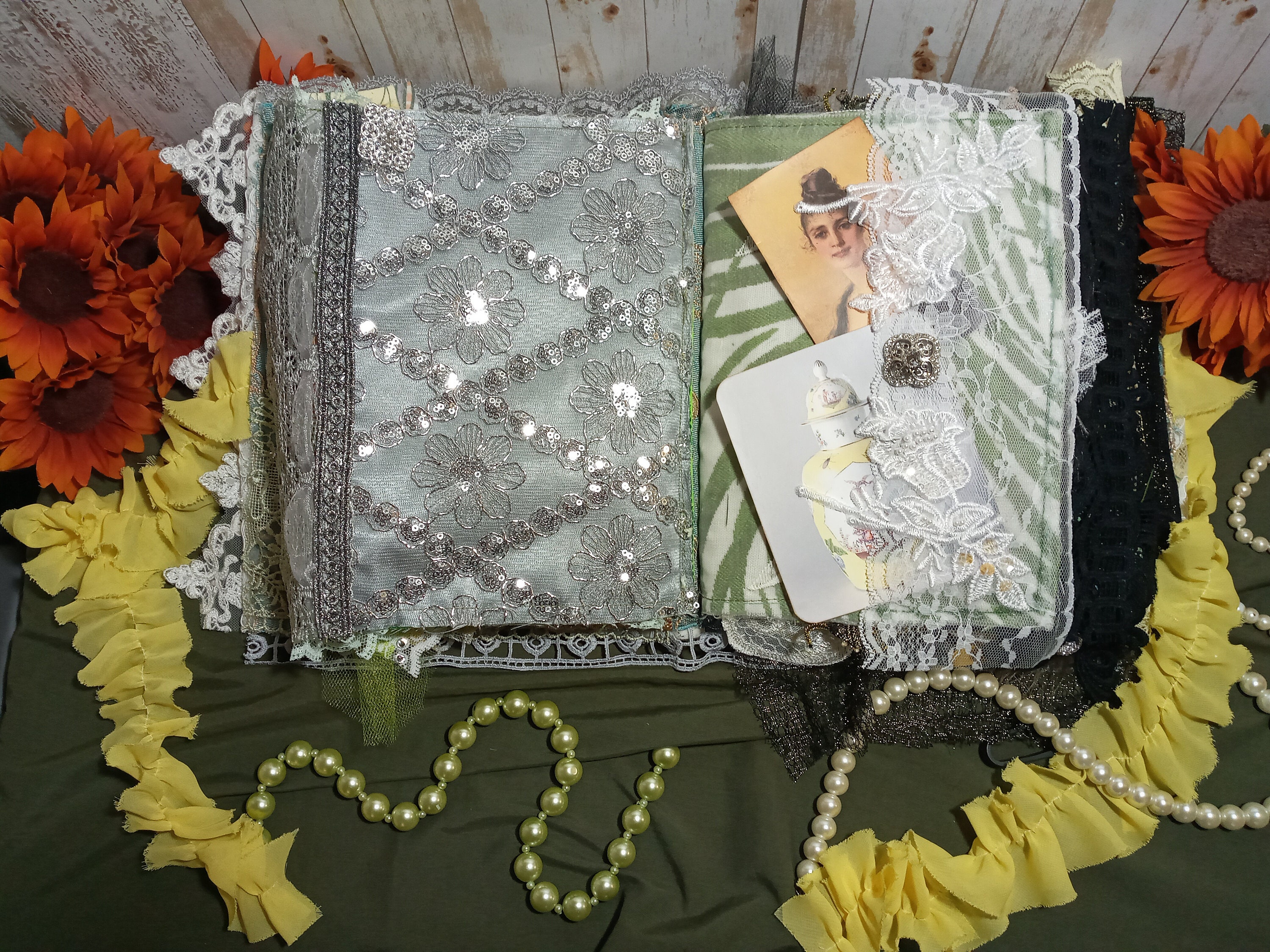 Shabby Chic Vintage All Fabric Junk Journal, Green & Yellow Journal ...