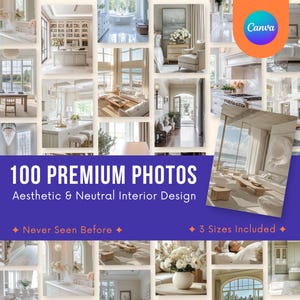 Può includere: Un collage di 100 foto che mostrano un design d'interni neutro ed estetico. Le foto presentano diverse stanze, tra cui soggiorni, camere da letto, cucine e bagni. Le stanze sono decorate in stile minimalista con un focus sulla luce naturale e sui colori neutri. Il testo "100 PREMIUM PHOTOS" e "Design d'interni estetico e neutro" è visualizzato su uno stendardo viola.