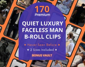 May include: An orange background with multiple smartphone screens displaying images of men in various settings. A purple overlay features the text "QUIET LUXURY FACELESS MAN B-ROLL CLIPS" and "170 Premium". Additional text includes "Never Seen Before" and "2 Sizes Included".