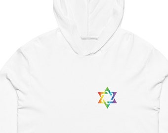 Gay Jewish Star Yiddish Hooded Long Sleeve T-shirt, LGBTQ+ Mogen David Judaica Light Weight Tee, Star of David Pride Gender-Neutral Shirt