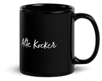 Alte Kocker Jewish Yiddish Mug, Old Fart Black Ceramic Funny Yiddishkeit Mug, Senior Man Yiddishkeit 11 oz. Coffee Tea Cup Gift