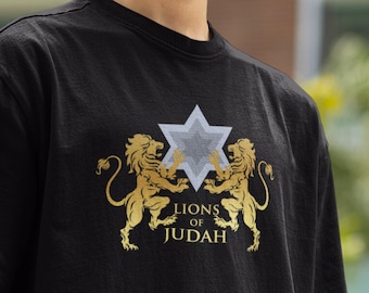 Lions of Judah Jewish Yiddish Shirt, Gold and Blue Judaica Yiddishkeit T-shirt, Gender Neutral Tee in various colors