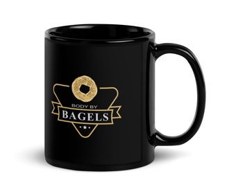 Body By Bagels Jewish Yiddish Mug, Black Ceramic Funny Yiddishkeit Mug, Bagel Logo Judaica 11 oz. Coffee Tea Cup Gift