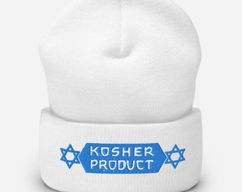 Kosher Product Jewish Yiddish Cuffed Beanie, Funny Saying Judaica Yiddishkeit Knitted Cap, Unisex Beanie in various colors