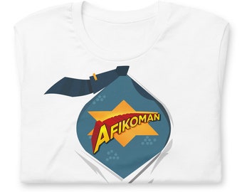 Afikoman Superhero Jewish Yiddish Shirt, Funny Passover Judaica Yiddishkeit T-shirt, Pesach White Tee