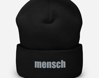 Mensch Jewish Yiddish Cuffed Beanie, Funny Saying Judaica Yiddishkeit Knitted Cap, Unisex Beanie in various colors