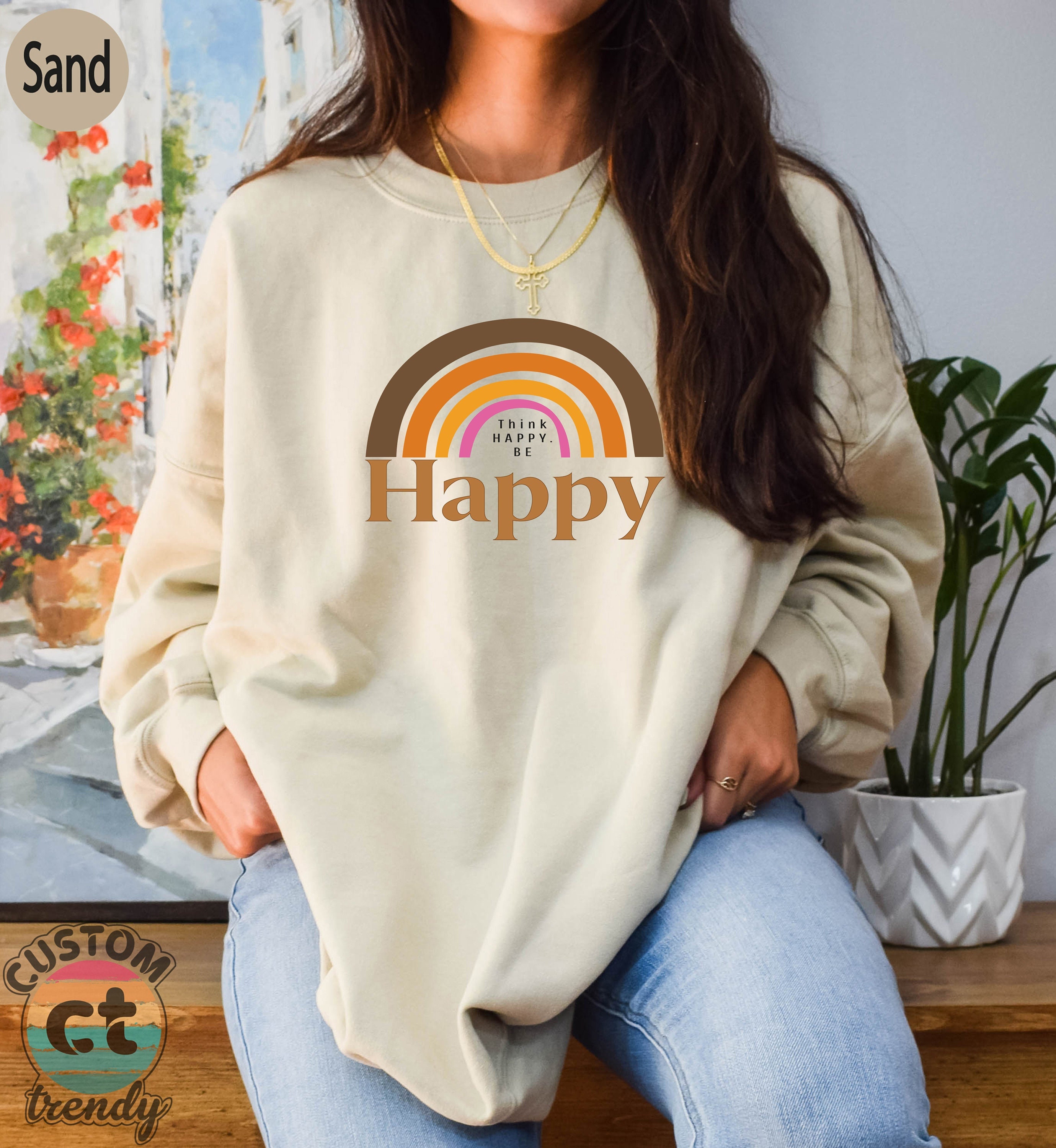 Rainbow Happy Sweatshirtthink Happy Shirtcute Positive - Etsy