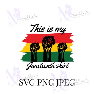 May include: This is my Juneteenth shirt graphic design featuring three raised fists in front of a red, yellow, and green flag. The text "This is my Juneteenth shirt" is written in black cursive font. The design is available in SVG, PNG, and JPEG formats.