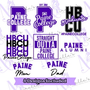 Op de afbeelding: Acht digitale ontwerpen met het Paine College-logo in paars en zwart. De ontwerpen bevatten de naam van het college, het jaar van oprichting en zinnen als "Straight Outta Paine College" en "HBCU".
