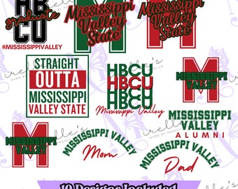 May include: Ten designs featuring the Mississippi Valley State University logo in various colours and styles. The designs include the school's name, mascot, and initials. Some designs also include the text "Straight Outta Mississippi Valley State", "HBCU Mississippi Valley", "Mom", "Dad", and "Mississippi Valley Alumni".