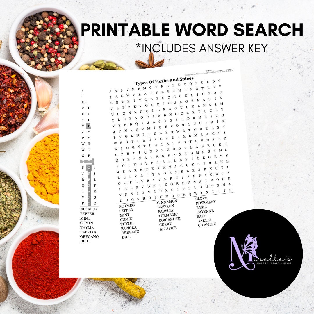 Types of Spices Word Search, Crossword Puzzle, Word Search Game