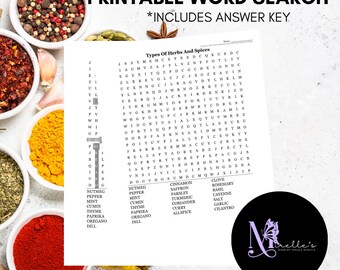 Tipos de búsqueda de palabras de especias, crucigrama, juego de búsqueda de palabras, actividad imprimible, descarga instantánea, búsqueda de palabras, descarga instantánea