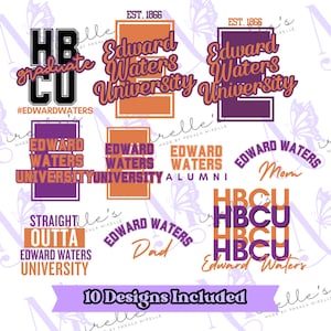 Könnte beinhalten: Zehn Designs für Bügelbilder mit dem Text "Edward Waters University" in verschiedenen Farben und Stilen. Einige Designs beinhalten den Text "HBCU" und "Straight Outta Edward Waters University".