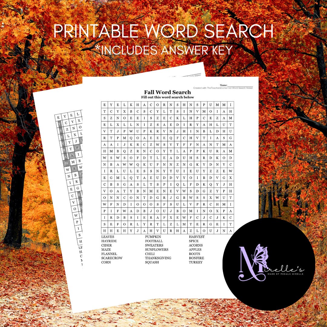 Fall Word Search Printable, Digital Printable, Download PDF, Fall Word