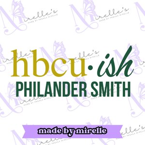 Pode incluir: Um design gráfico dourado e verde com o texto "hbcu.ish PHILANDER SMITH" e o texto "made by mirelle" em uma faixa roxa.