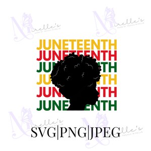 Puede incluir: Una silueta negra de una persona con un peinado afro frente a una pila de las palabras "Juneteenth" en rojo, amarillo y verde.