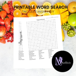 Types Of Fruit Printable Word Search, Crossword Puzzle, Word Search Game, Printable Activity, Instant download,Word Search, Instant Download