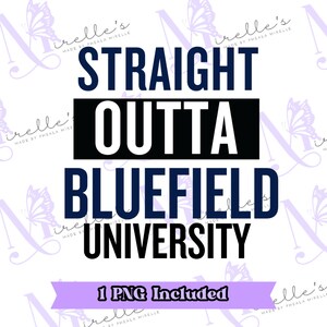 Puede incluir: Una descarga digital de un diseño gráfico con el texto "Straight Outta Bluefield University" en blanco y negro sobre un fondo azul. El diseño está rodeado de un patrón de mariposas moradas.