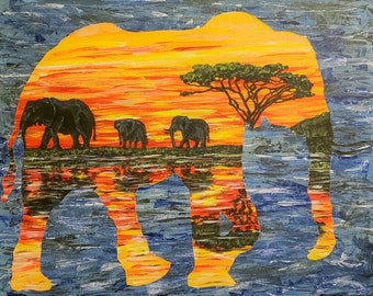 May include: An acrylic painting of an elephant silhouette filled with a vibrant sunset scene. Three black elephants walk across a grassy plain, reflected in the water below. A tree and hills are also visible.