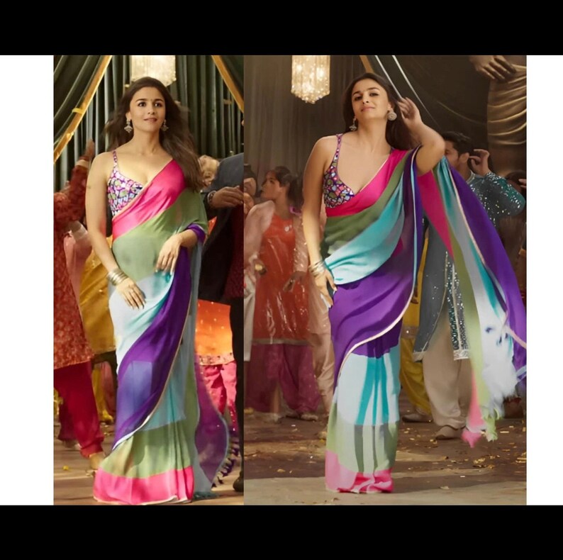Veelkleurige Sari Free Size Jaanvi Fashion Vrouwen Multicolor Georgette Leheriya Gedrukt Alia Bhatt Saree Met Niet-gestikte Blouse Stuk (Diwali