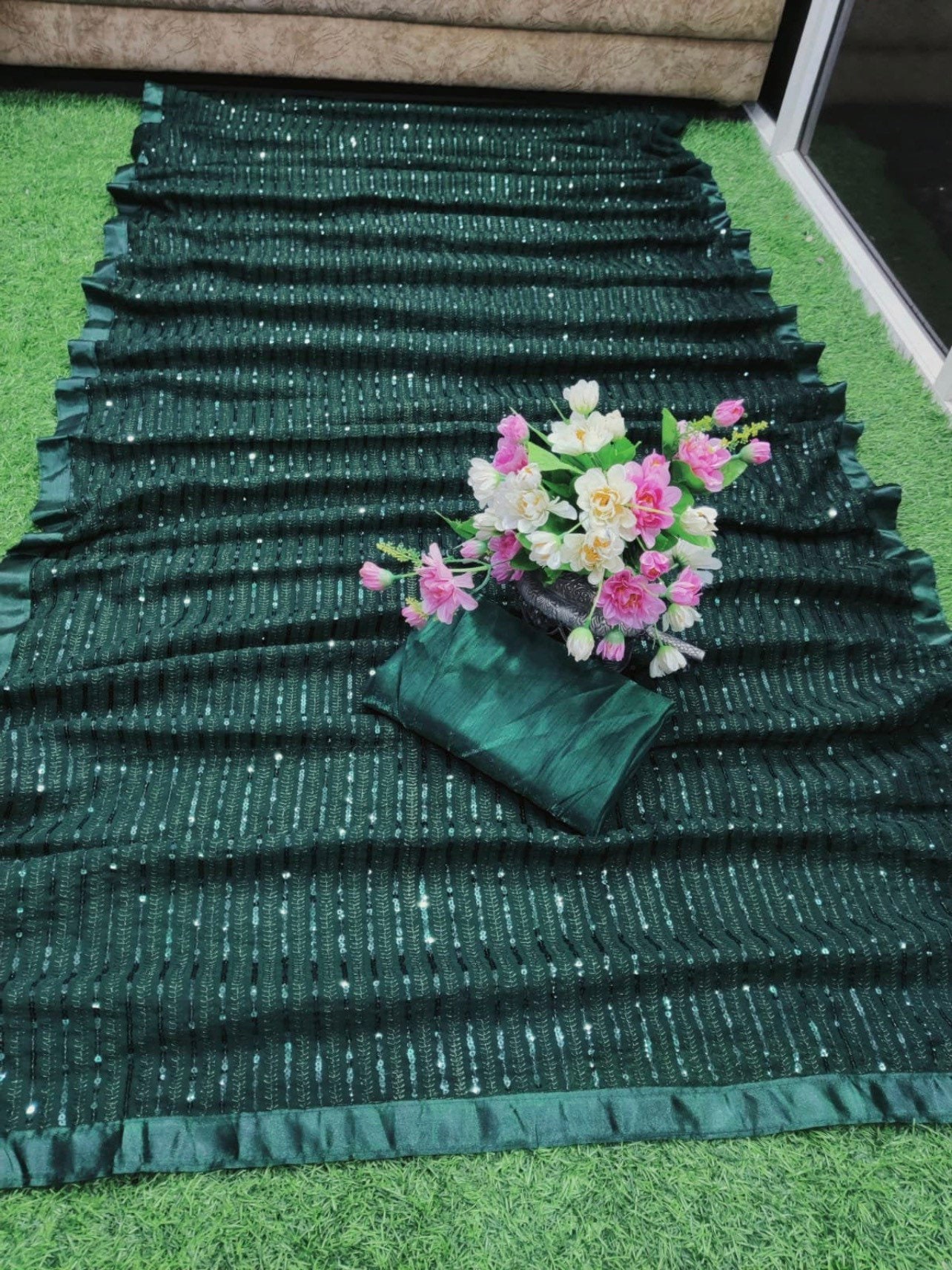 Bottle Green Foil Printed Georgette Gharara
