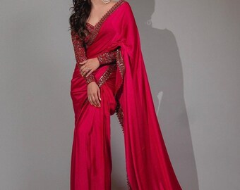 sequence work saree satin red saree/party wear saree/ wedding saree stitch blouse as model design