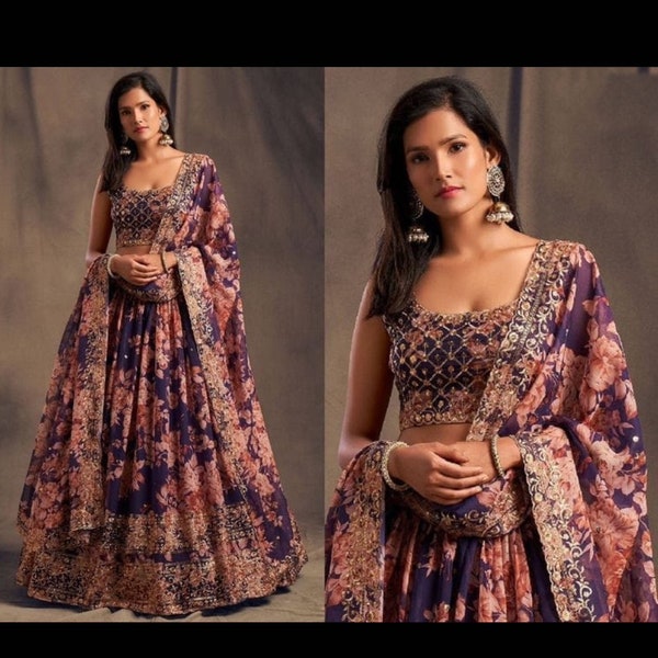 Lehanga choli for women Georgette organza floral Print, Sequins & Zari Embroidery Work designer party wear indian wedding wear